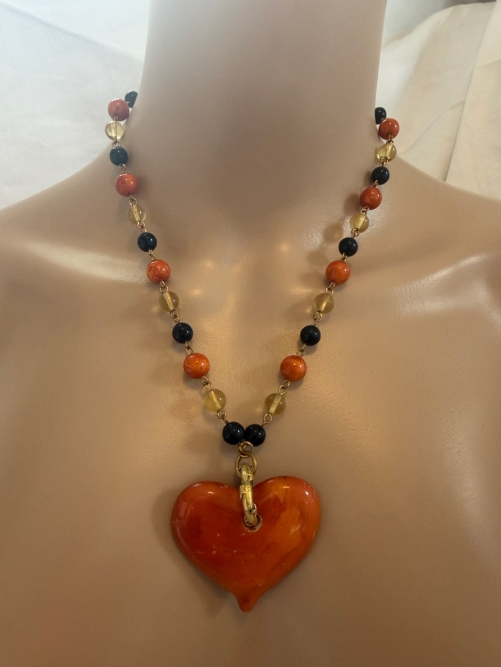 Bohemian-style Orange Heart Pendant Beaded Necklace